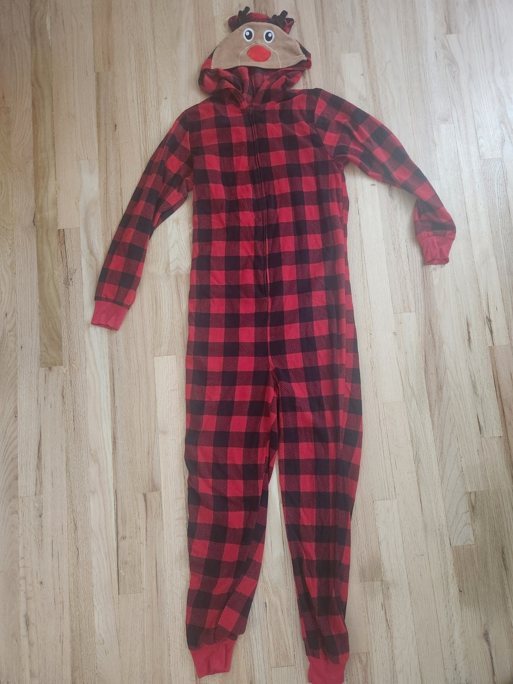 Holiday #FamJams Red Buffalo Plaid Reindeer Hooded Onesie Pajamas Size Small
